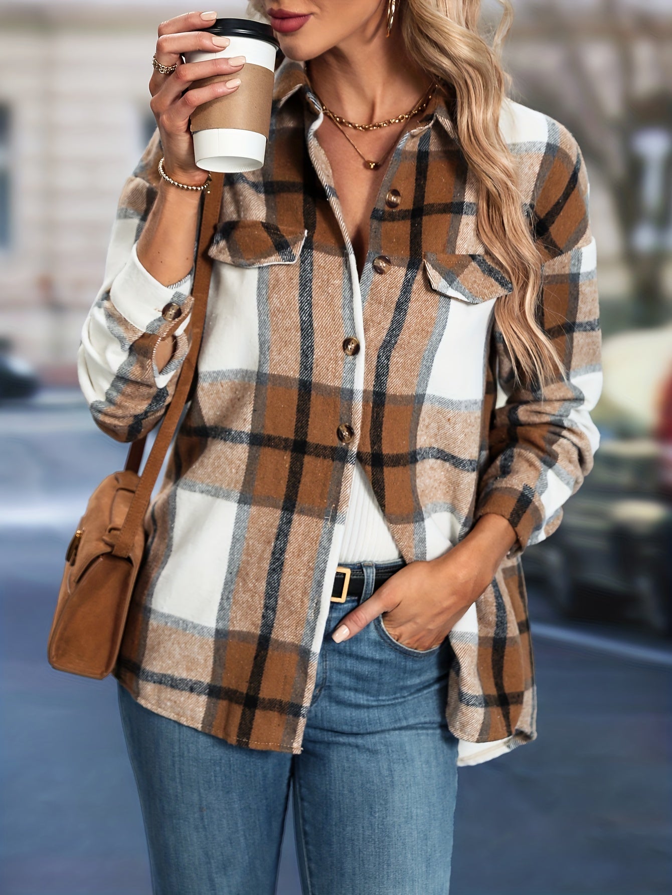 Plaid Drop Shoulder Trucker Jacket Women's Clothing