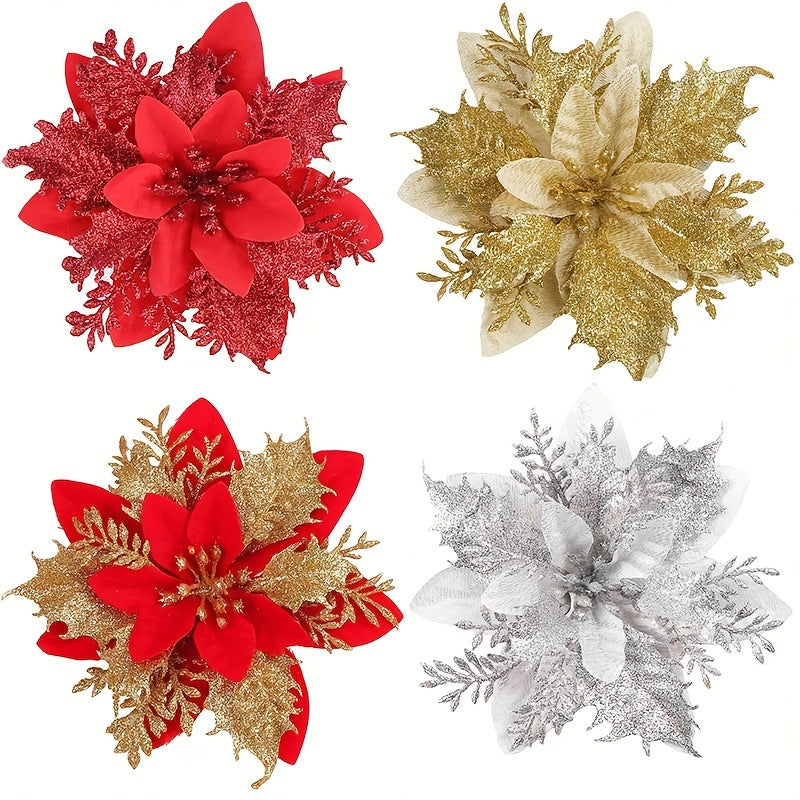 6pcs Glitter Poinsettia Flowers Red Christmas Tree Ornaments