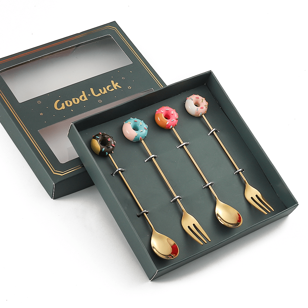 4pcs Stainless Steel Dessert Cutlery Set 2 Forks 2 Spoons Coffee Spoon