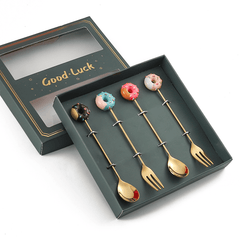 4pcs Stainless Steel Dessert Cutlery Set 2 Forks 2 Spoons Coffee Spoon