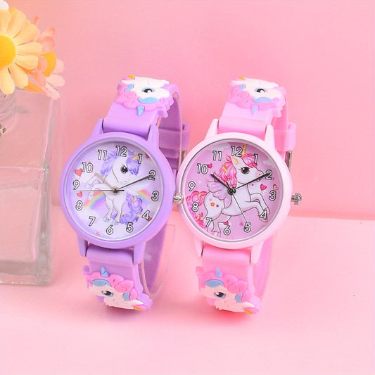 Girls' Unicorn Watch & Bracelet Set - Cute Animal Pattern Silicone Strap