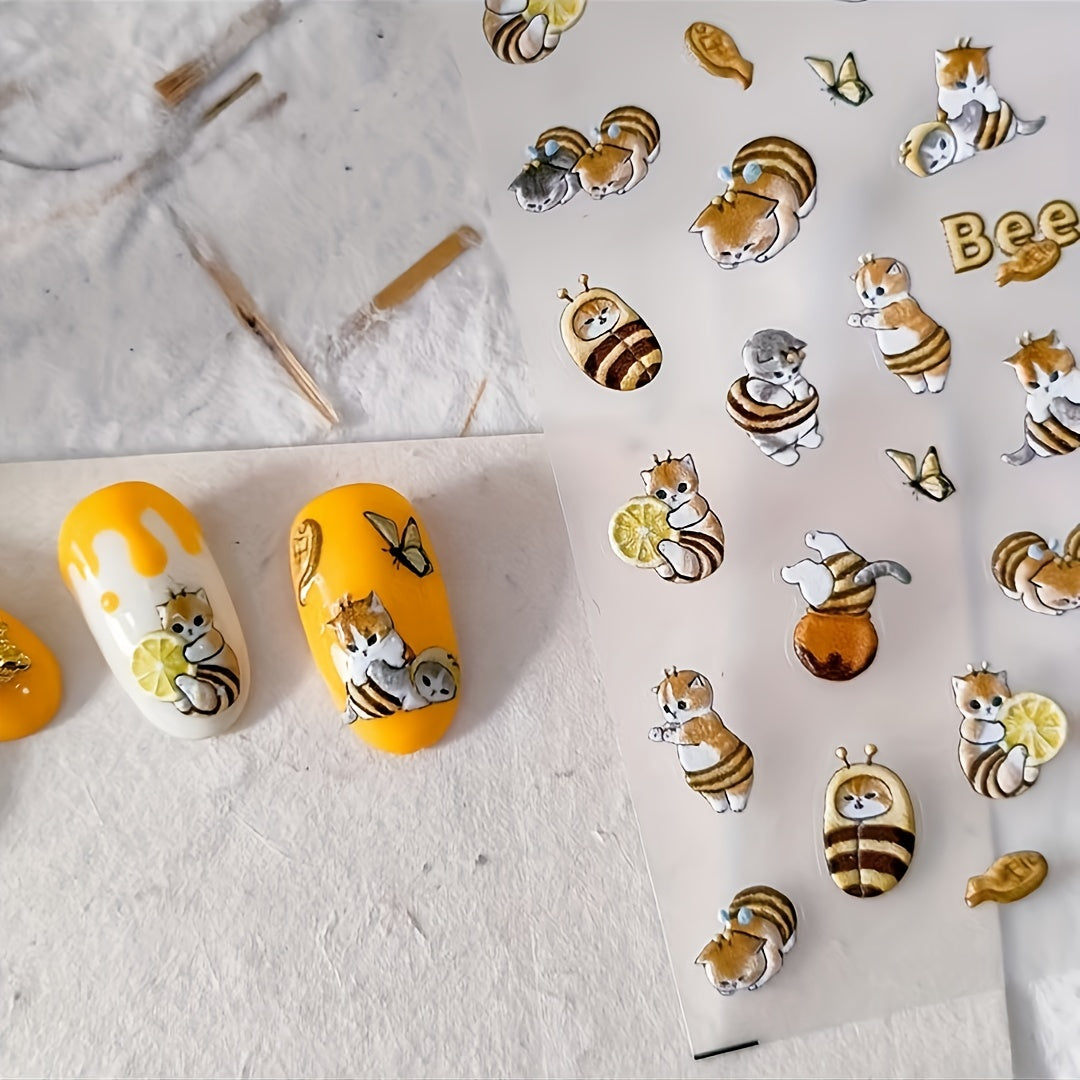 1pc 5D Embossed Bee Cat Nail Sticker Decal Nail Art Relief Manicure Accessories
