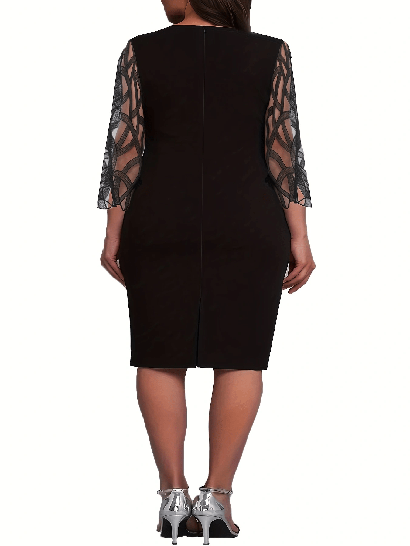  Stripe Print Lace Panel Half Sleeve Round Neck Dress