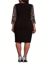  Stripe Print Lace Panel Half Sleeve Round Neck Dress