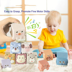 Silicone Baby Building Blocks Set Animal Stacking Cups Soft Squeeze Play