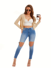 Women's Plus Washed Button Fly Cut Out High Stretch Skinny Jeans