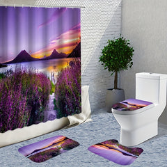 Lavender Shower Curtain Set with Non-Slip Bathroom Rug and 12 Hooks