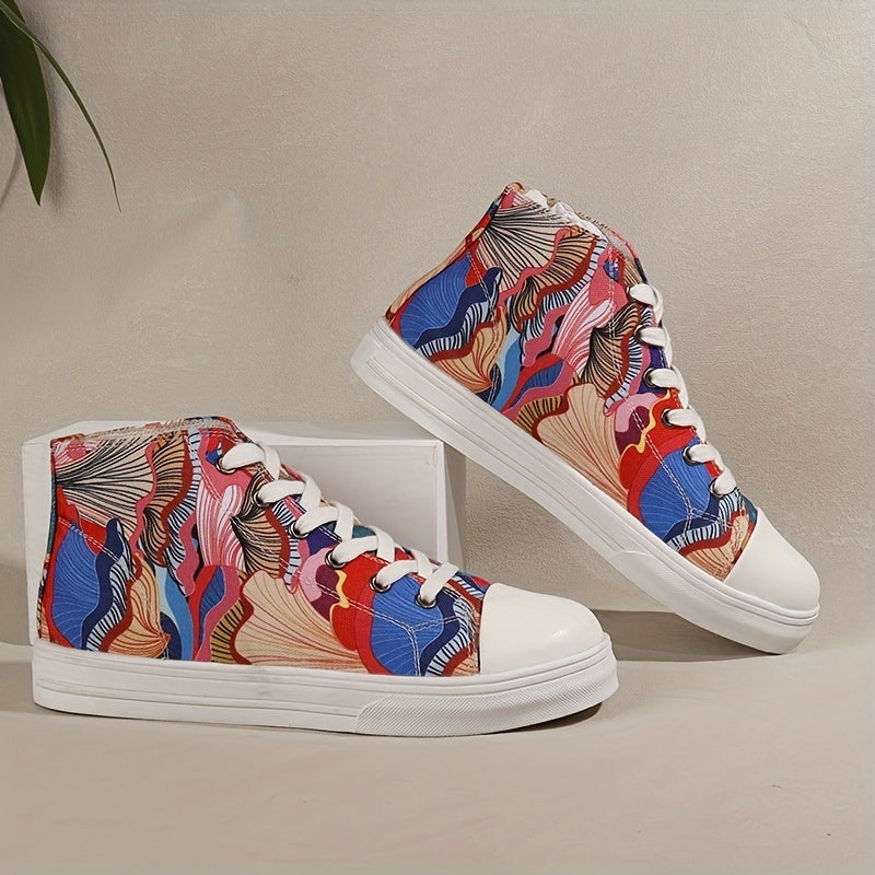 Women's Printed Canvas Mid Top Lace Up Sneakers Lightweight Shoes