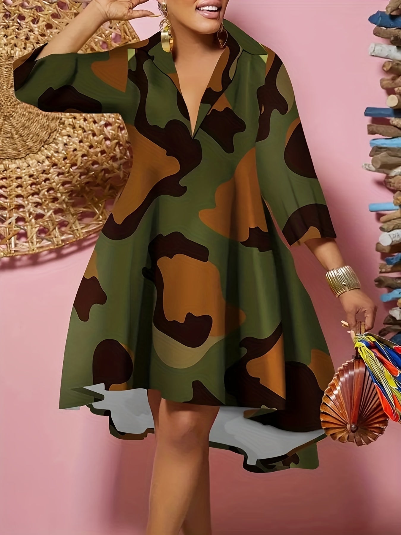  Leopard Half Sleeve V Neck Stretch Dress