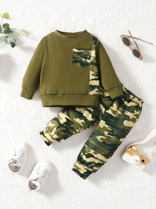 Baby Boy's Contrast Long Sleeve Top & Camo Pants Set