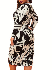  Fall Bodycon Dress Women's Plus Print Long Sleeve Bodycon Dress