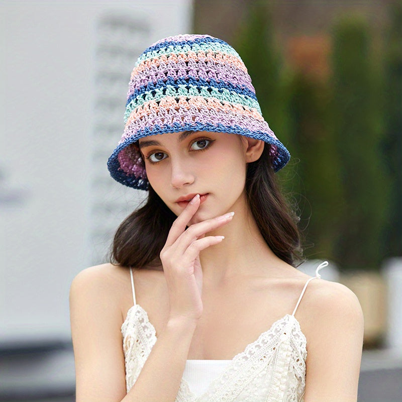 Rainbow Striped Crochet Bucket Hat Hollow Out Straw Sun Hat