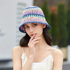 Rainbow Striped Crochet Bucket Hat Hollow Out Straw Sun Hat