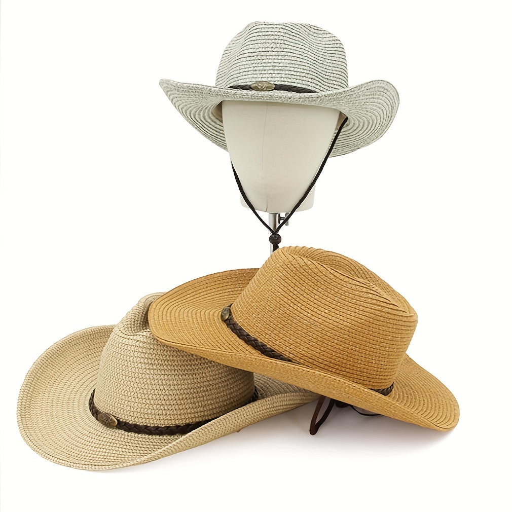 Summer Straw Cowboy Hat Western Style Unisex Windproof Crushable Hat