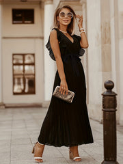 V Neck Pleated Ruffle Maxi Party Dress