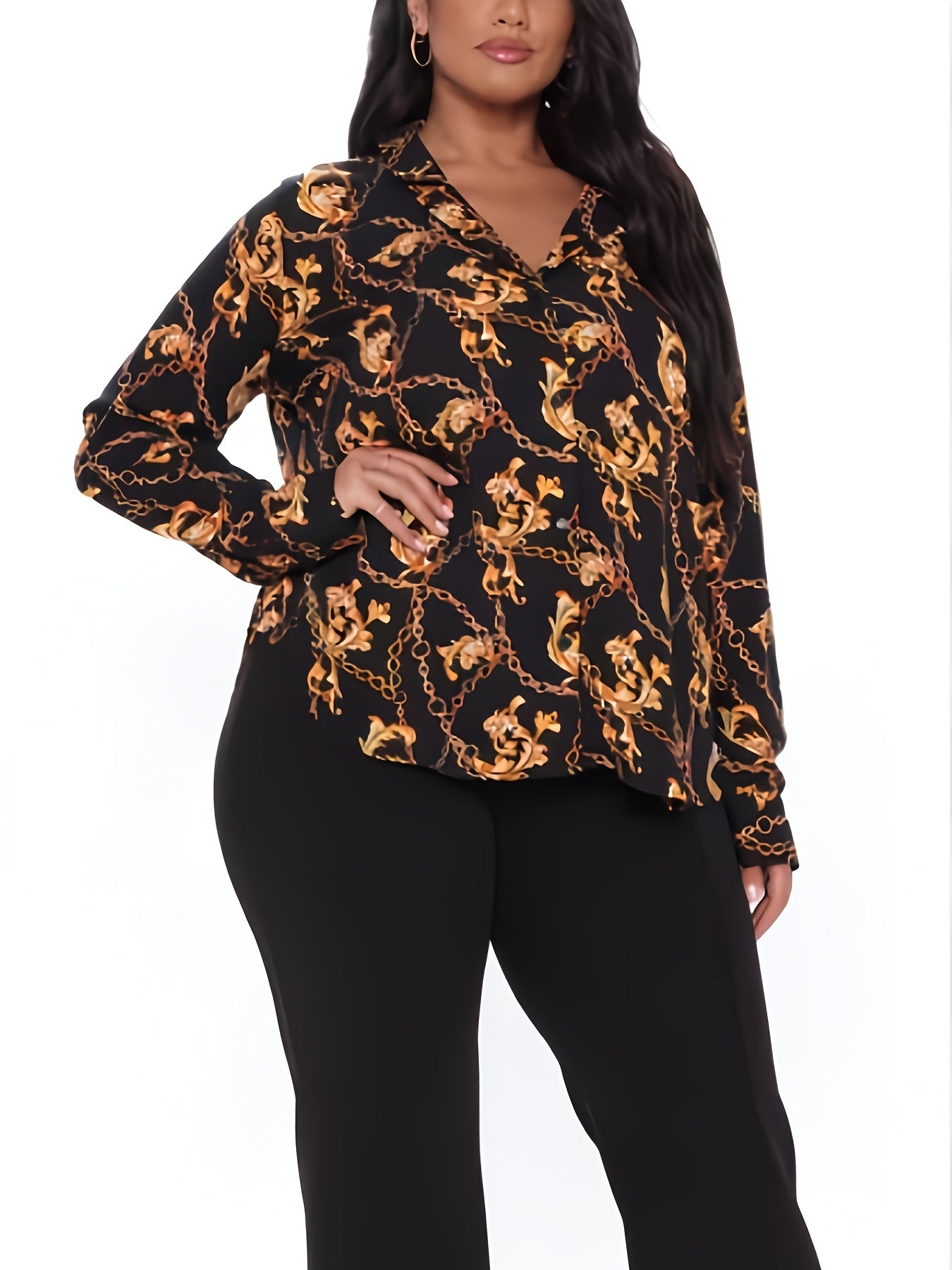  Baroque Print Long Sleeve Button Up Collar Shirt