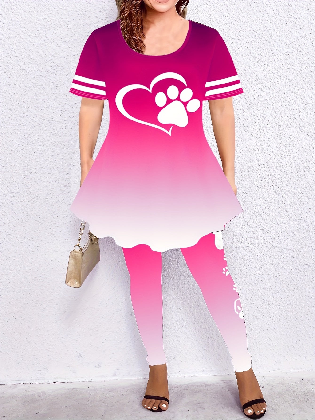  Paw Heart Print Top & Leggings Outfit Set for Women