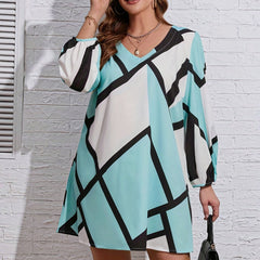  Geometric Print Lantern Sleeve V Neck Mini Dress