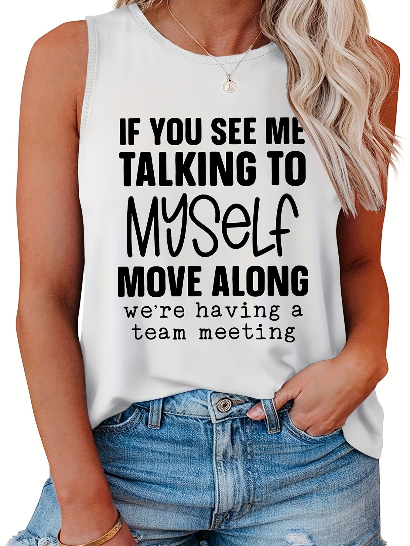 Casual Tank Top Women's Plus Slogan Print Round Neck Tank Top