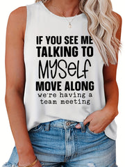  Casual Tank Top Women's Plus Slogan Print Round Neck Tank Top