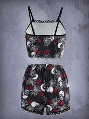Skull Print Pajama Set with Lace Trim