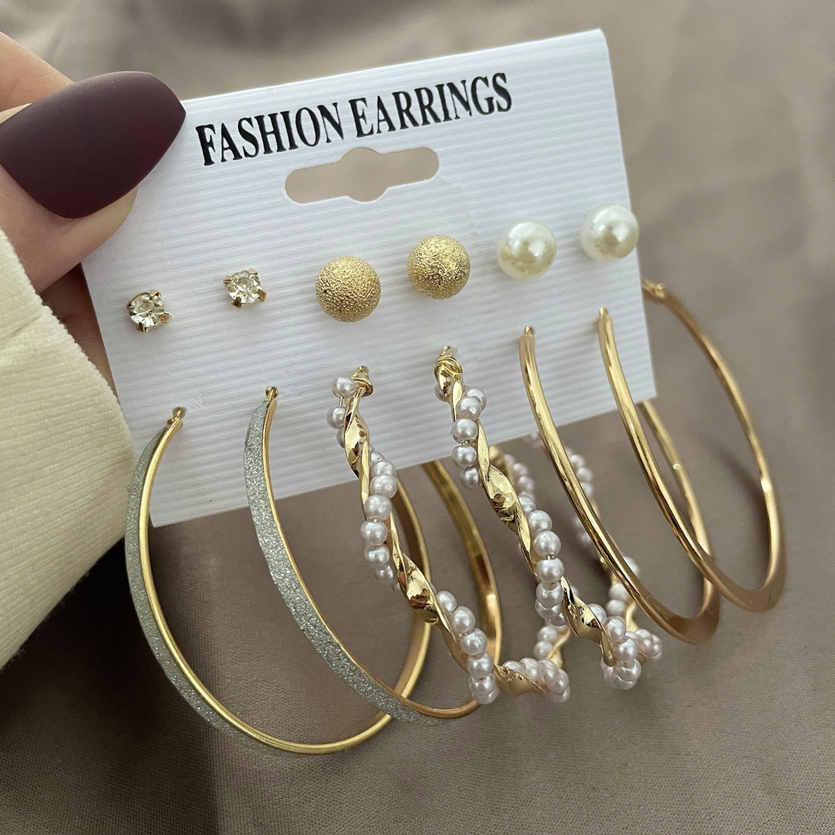 6Pairs Metal Stud Hoop Earrings Set For Women Girls