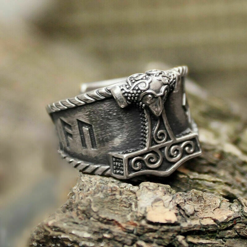 Thor's Hammer Ring Nordic Viking Good Luck Sign Verse Ring For Men
