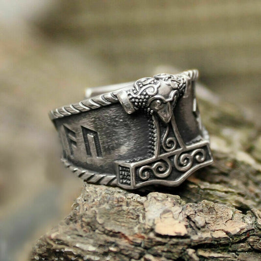 Thor's Hammer Ring Nordic Viking Good Luck Sign Verse Ring For Men