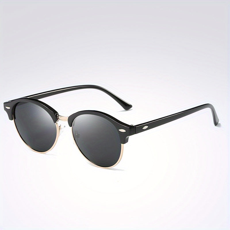 Half Frame Round Polarized Sunglasses Vintage Driving Semi Rimless Eyewear
