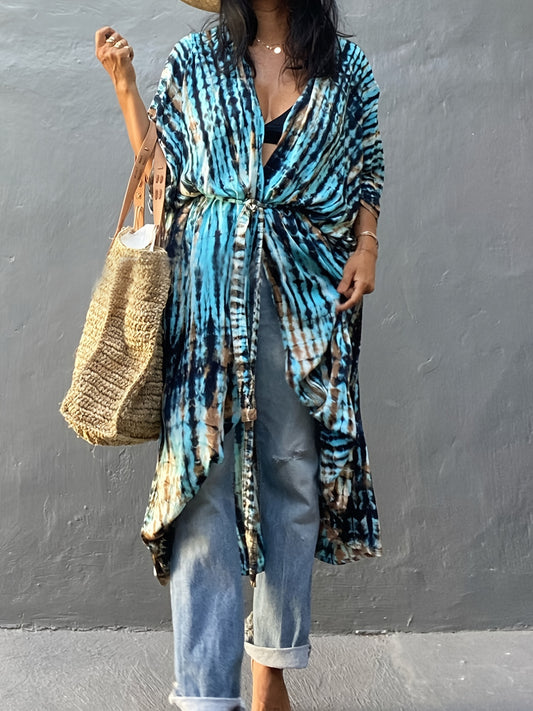 Tie Dye V Neck Kimono Colorblock Beachwear Boho Style Robes