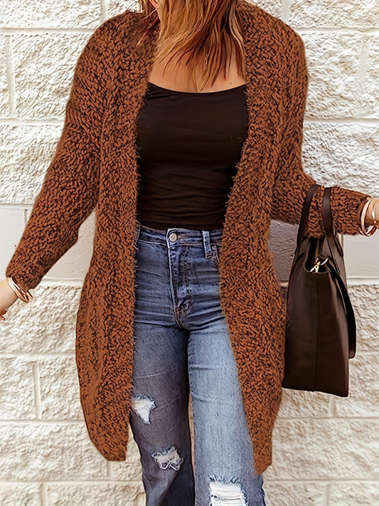  Solid Open Front Fuzzy Knit Cardigan
