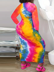  Tie Dye Long Sleeve Bodycon Maxi Dress