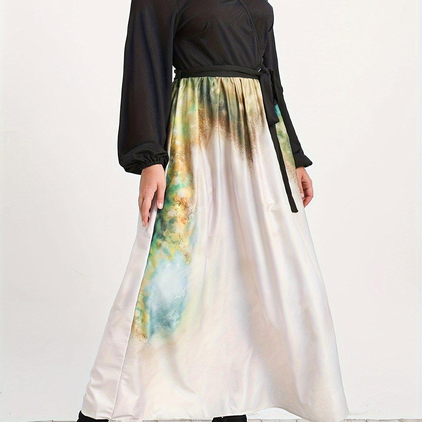  Colorblock Floral Print V Neck Maxi Dress