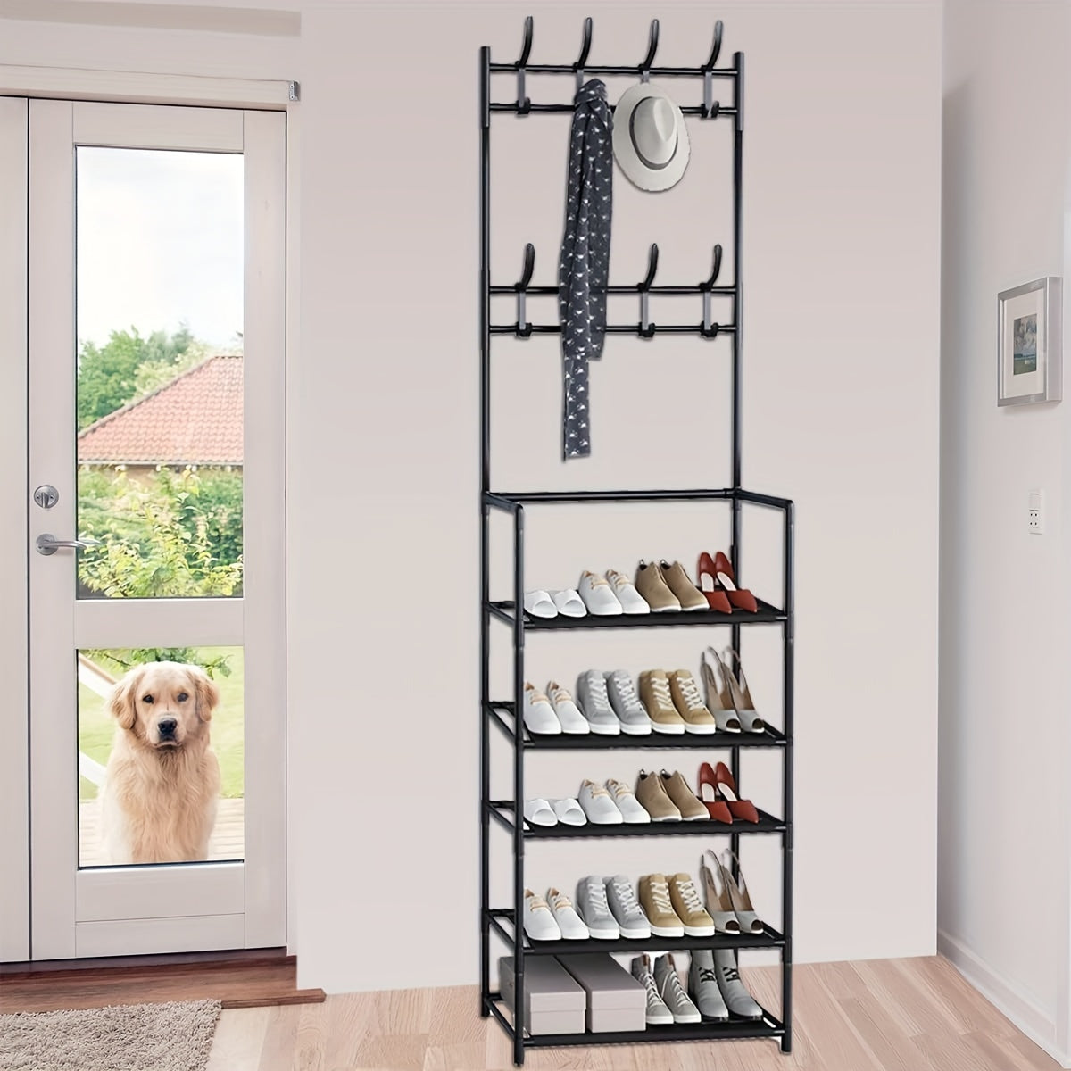 1pc Foyer Shoe Rack Standing Coat Rack w/ Storage Shelves & Hooks