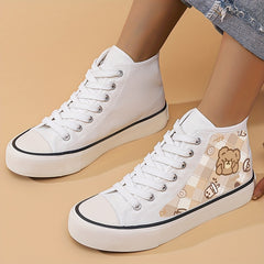 Girl's High Top Bear Pattern Skate Shoes Non Slip Lace Up Sneakers