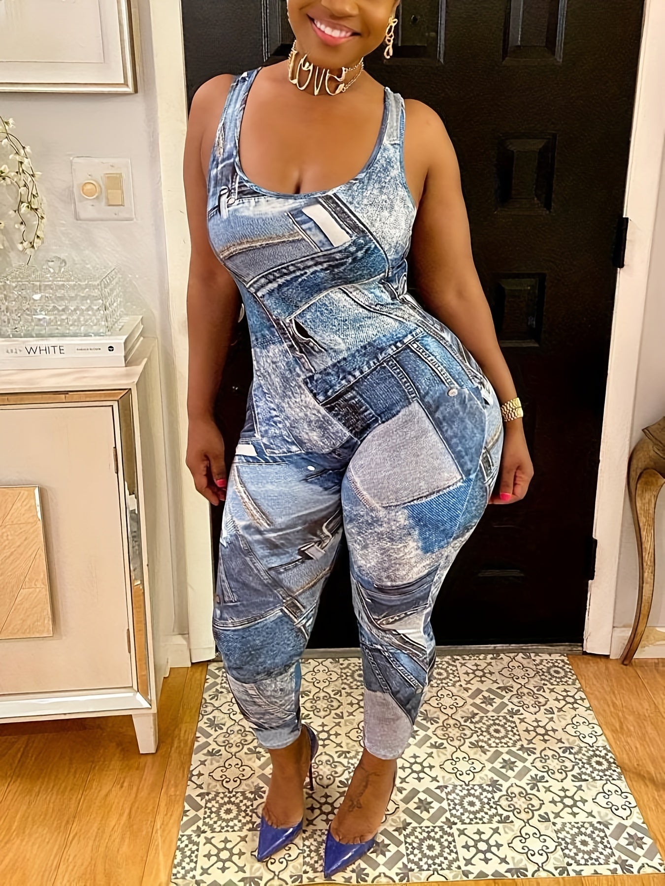  Casual Jumpsuit Denim Print Slim Fit Medium Stretch Tank Jumpsuit