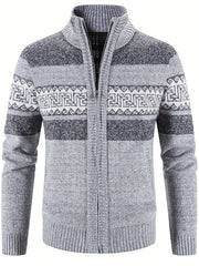 Geometric Pattern Stand Collar Cardigan Men's Zip Up Jacket