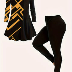  Geo Print Peplum Top & Leggings Set