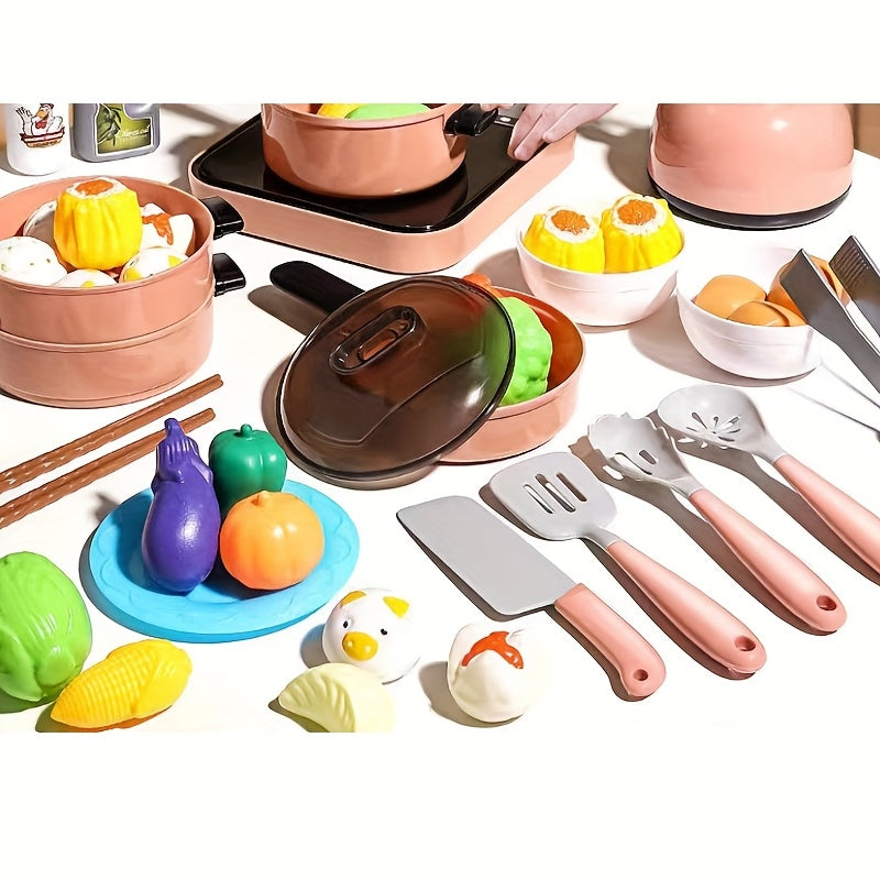 Colorful Kids' Play Kitchen Set with Utensils, Pots, Pans, and Microwave