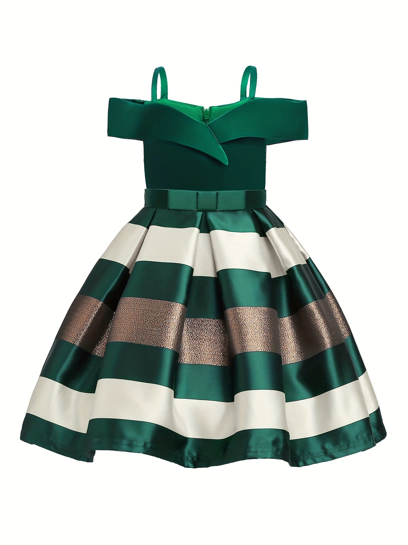 Girls Striped Bow Princess Dress Gown Cold Shoulder Piano Performance