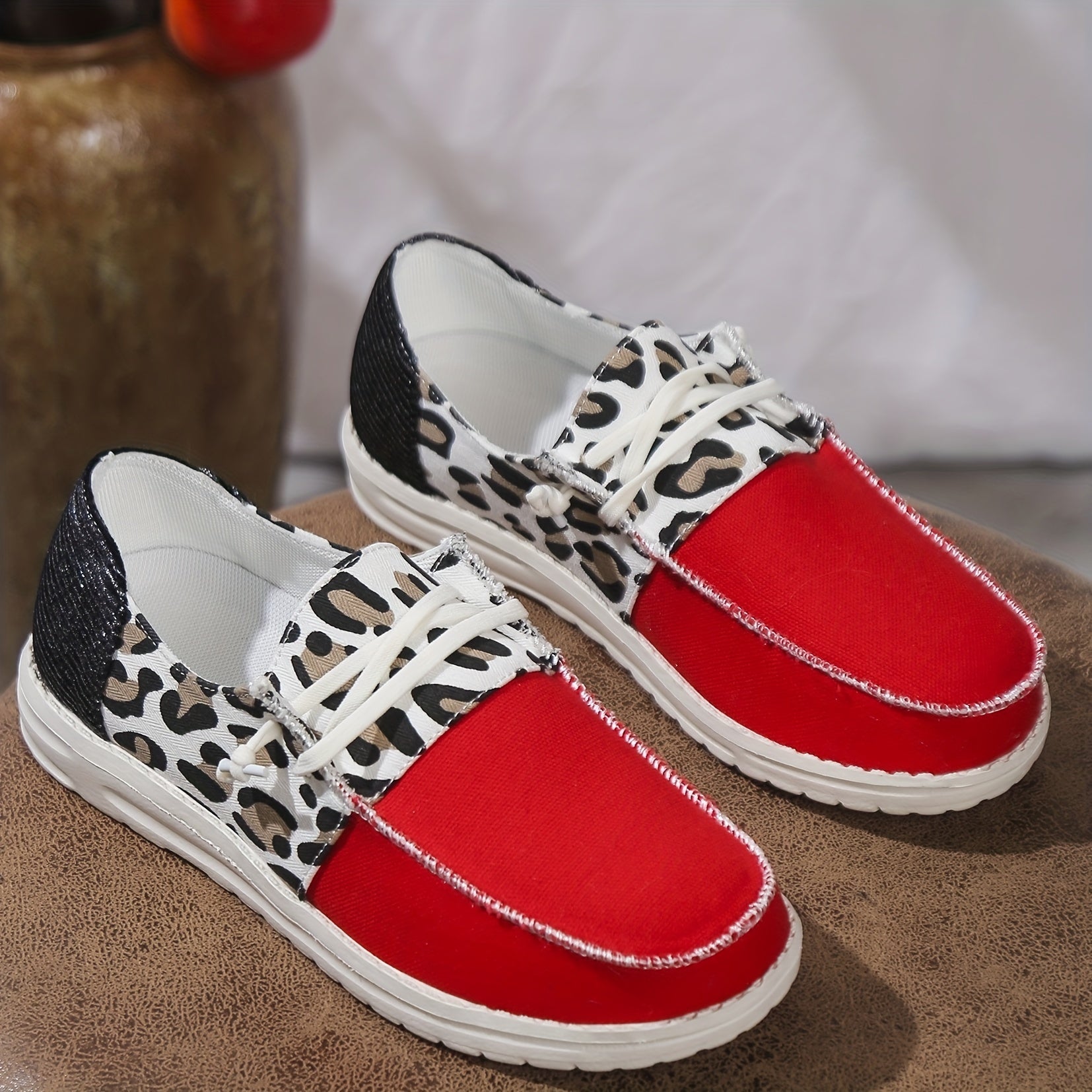 Leopard Print Sneakers Lace Up Canvas Shoes Lightweight Low Top