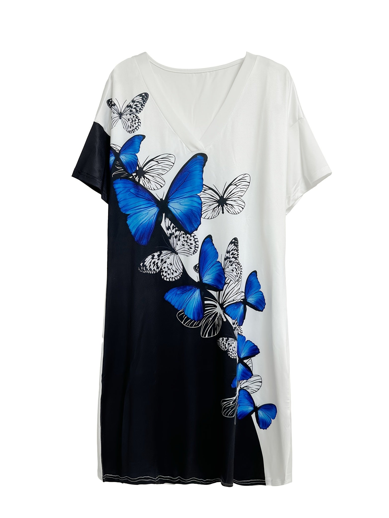  Colorblock Butterfly Print Short Sleeve V Neck Dress