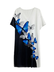  Colorblock Butterfly Print Short Sleeve V Neck Dress