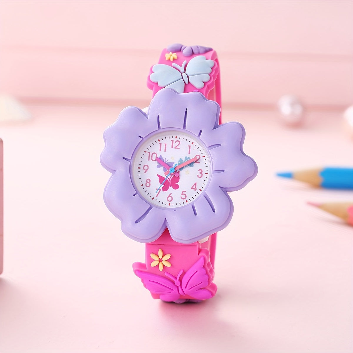 Girls' 3D Flower & Butterfly Cartoon Watch Soft Silicone Band Quartz Movement