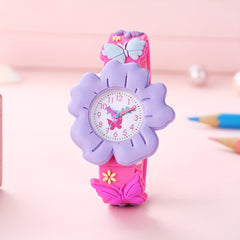 Girls' 3D Flower & Butterfly Cartoon Watch Soft Silicone Band Quartz Movement