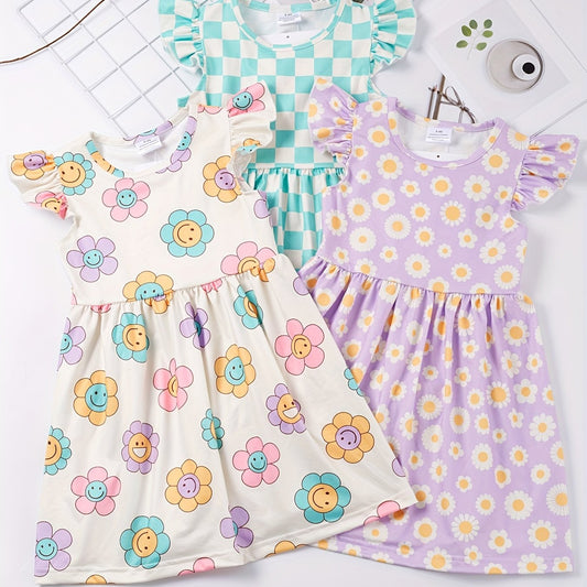 Toddler Girls Ruffled Sleeves Smile Face Flowers Plaid Dress
