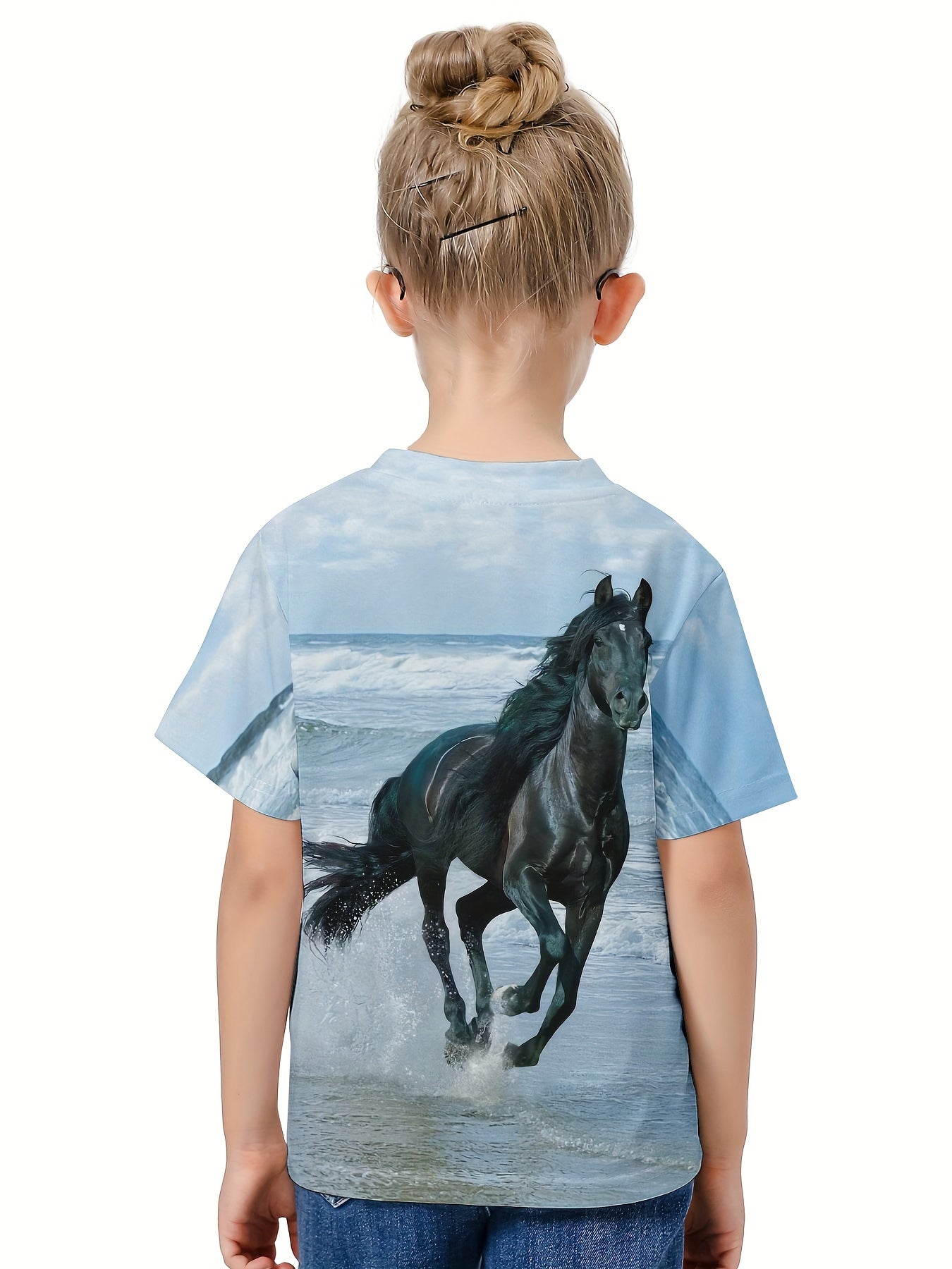 3D Horse On The Beach Graphic Short Sleeve T shirt Boys Girls Summer Pullover