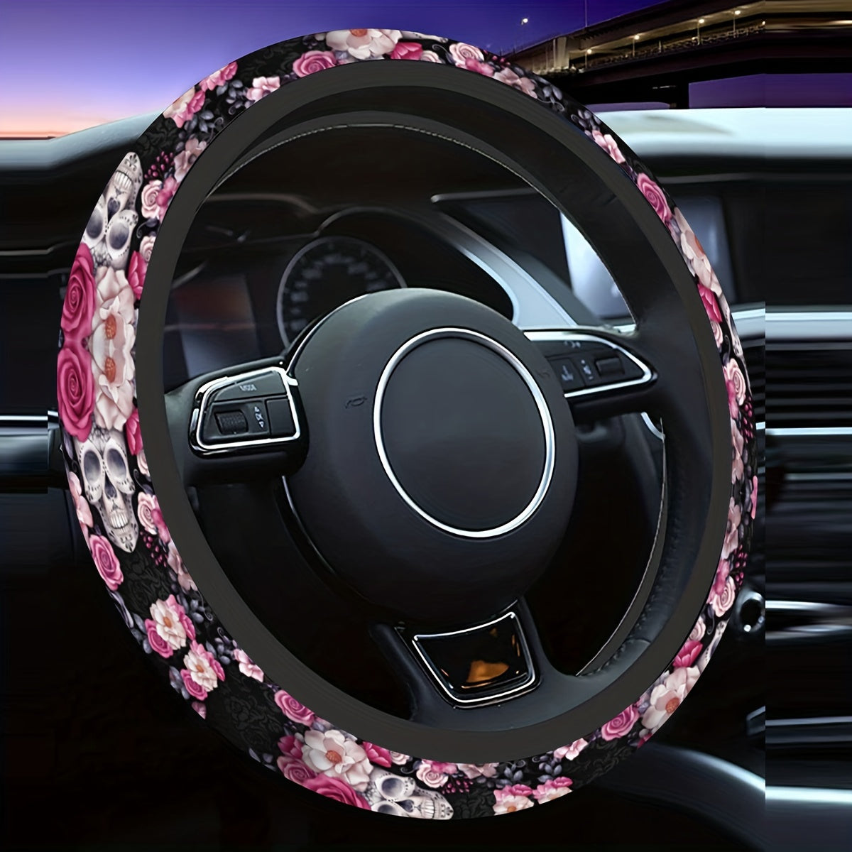 Flower Skull Print Steering Wheel Cover