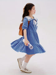 Girl's Navy Princess Dress Cotton Short Sleeve for Summer