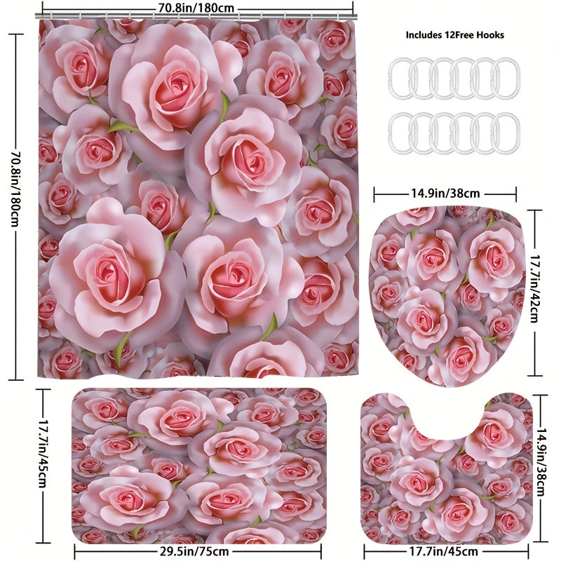 Flower Pattern Shower Curtain & Rug Set w/ 12 Hooks - Bathroom Decor